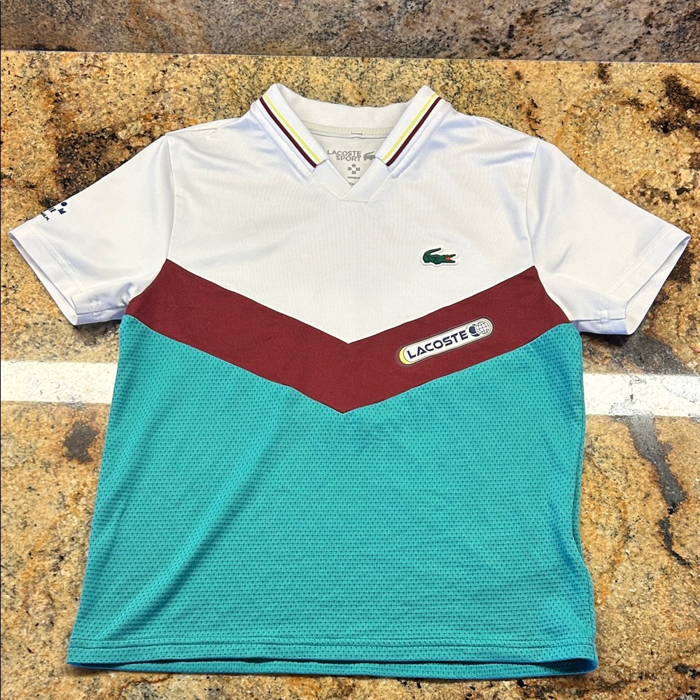 Lacoste Colorblock V-Neck Tennis Shirt - White, Burgundy & Teal